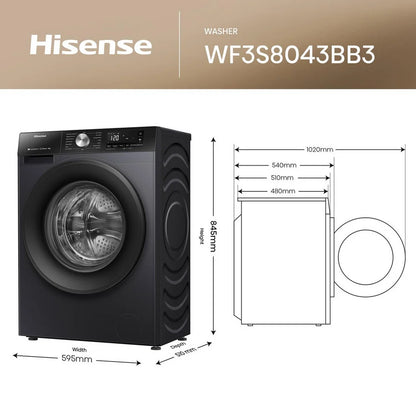 Hisense 3S Series WF3S8043BB3 WiFi-enabled 8kg 1400 Spin Washing Machine Black - A Rated