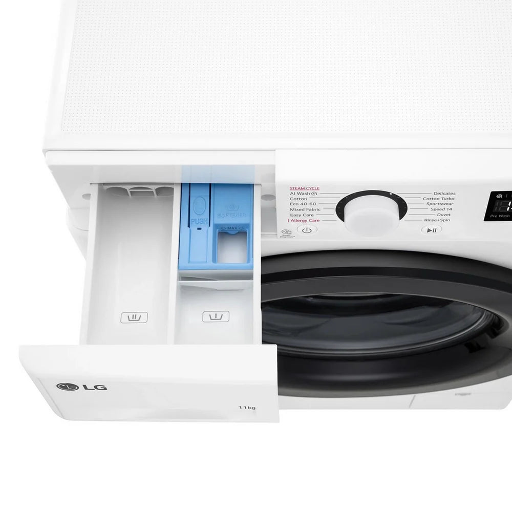 LG F4Y511WBLN1 11kg Steam 1400 Spin Freestanding Front Load Washing Machine White - A Rated