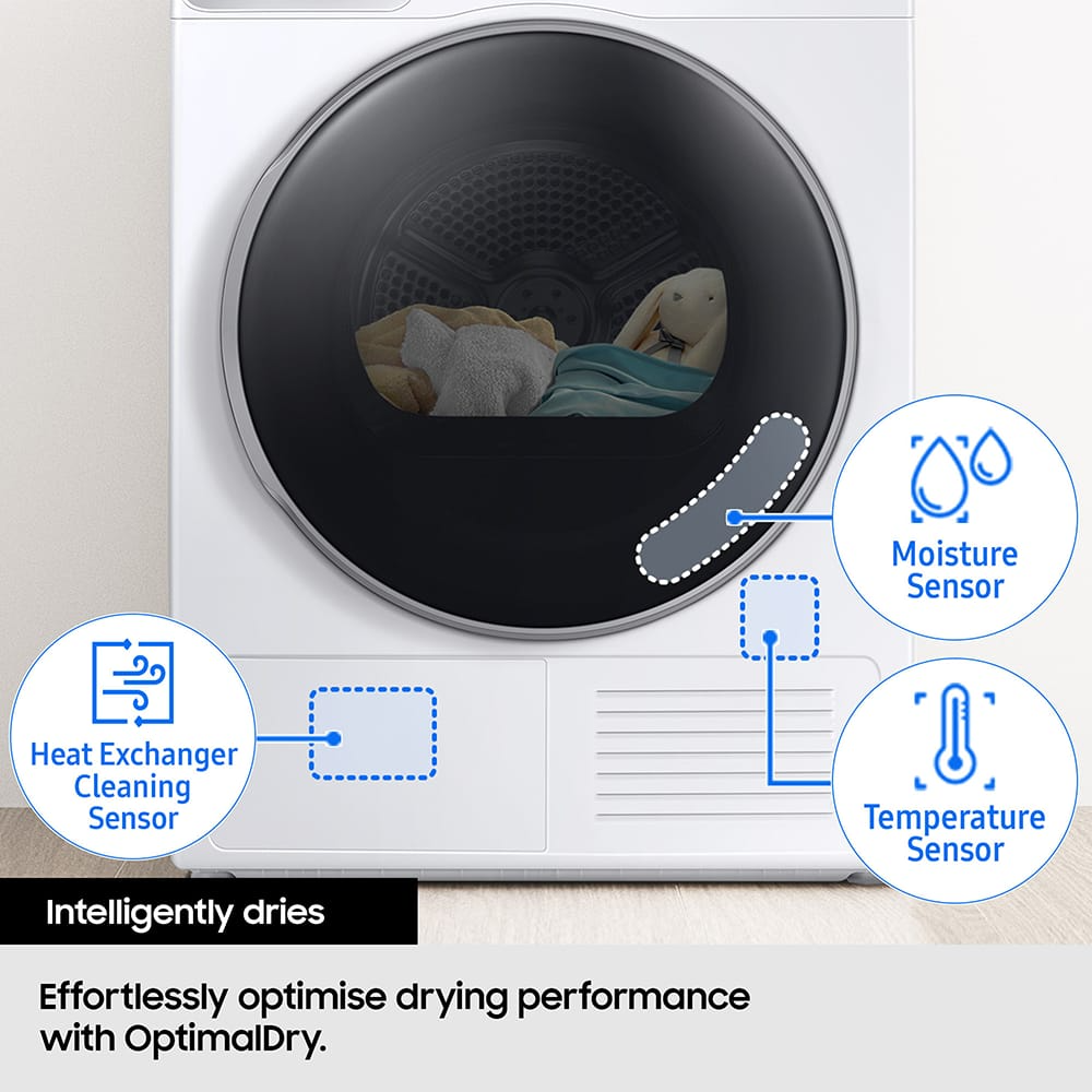 Samsung Series 8 DV90BB9445GHS1 with Optimal Dry 9kg Heat Pump Tumble Dryer White