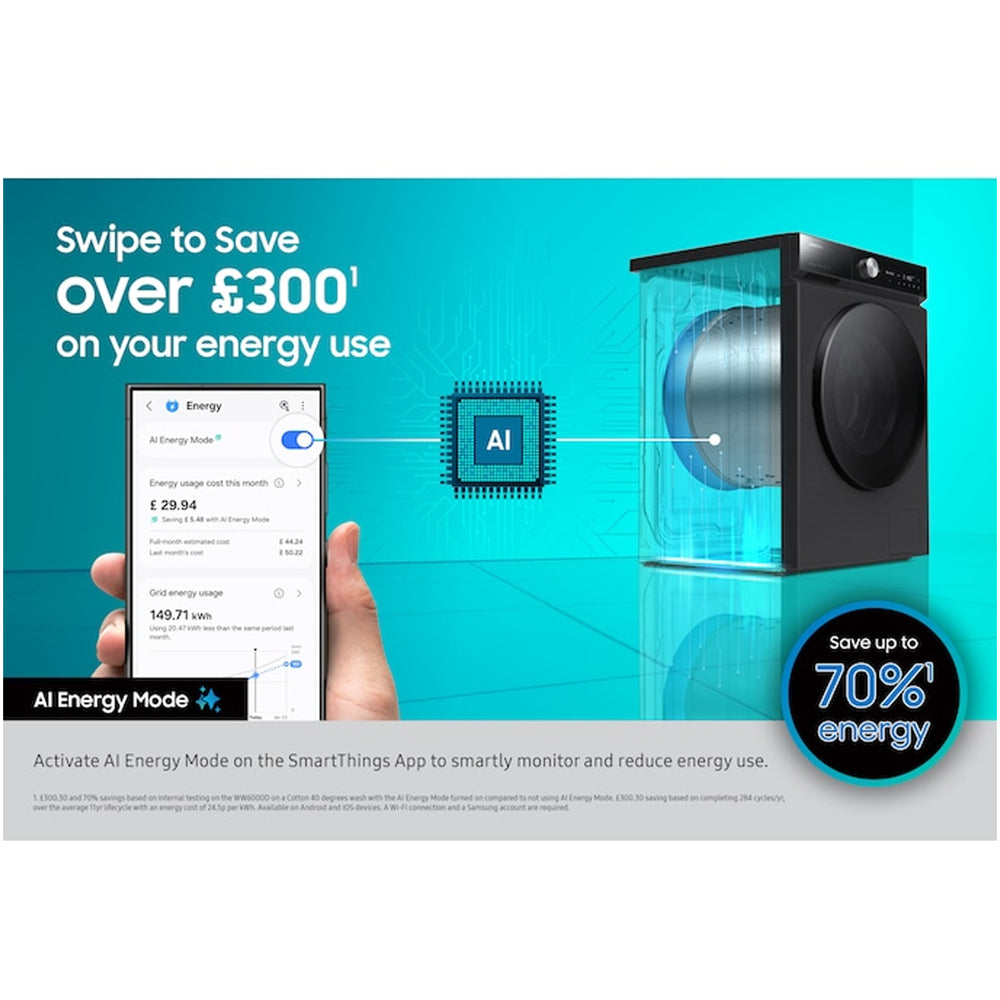 Samsung Series 8 WW11DB8B95GHU1 Bespoke AI Energy 11kg 1400 Spin Smart Washing Machine White